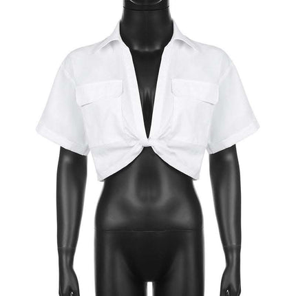 Women's Crop Navel Twist Solid Polo Collar Shirt T-Shirt Top Fendax 0