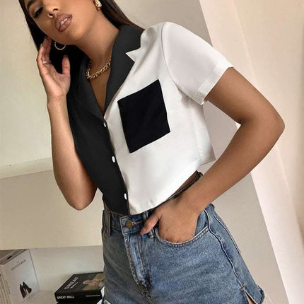 Contrast Paneled Crop Top Pocket Single Breasted Short Sleeve Shirt Fendax 0