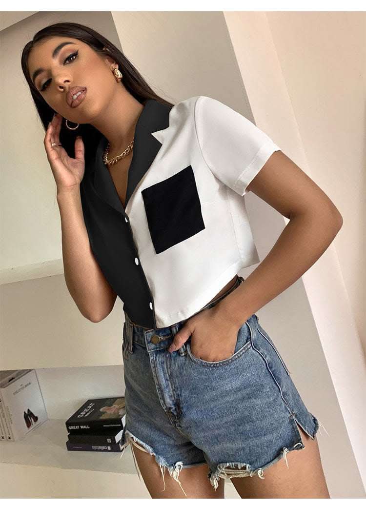 Contrast Paneled Crop Top Pocket Single Breasted Short Sleeve Shirt Fendax 0