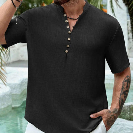Summer Deep V-neck Multi-button Cotton And Linen Casual Shirt Men's Short Sleeve Fendax 0