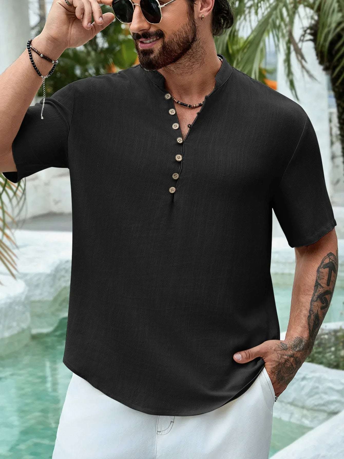 Summer Deep V-neck Multi-button Cotton And Linen Casual Shirt Men's Short Sleeve Fendax 0