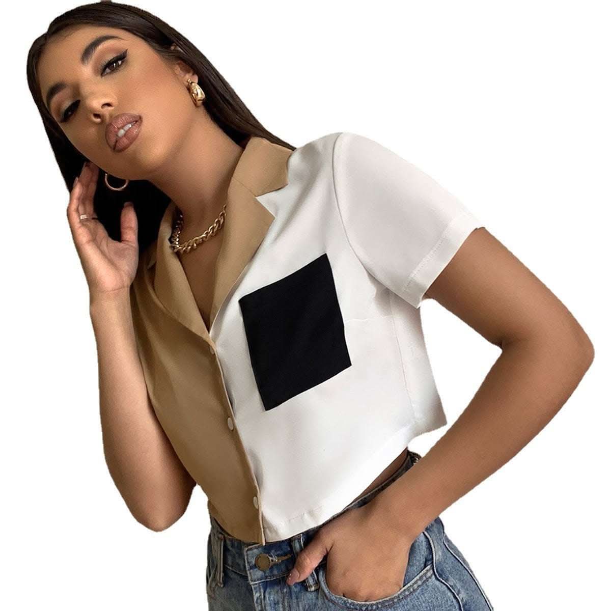 Contrast Paneled Crop Top Pocket Single Breasted Short Sleeve Shirt Fendax 0