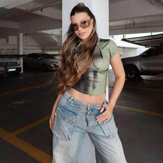 Summer Fashion Personality Hipster Contrast Color Sexy Digital 3D Printing Slim-fit Crop-top Fendax 0