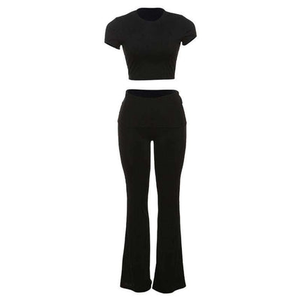 Slim Fit Crop-top Short Sleeve T-shirt High Waist Tight Casual Trousers Suit Fendax 0