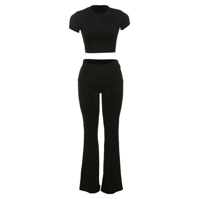 Slim Fit Crop-top Short Sleeve T-shirt High Waist Tight Casual Trousers Suit Fendax 0