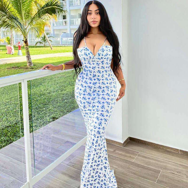 Fashion Flowers Print Suspender Long Dress Summer Lace-up Slim Backless Dresses For Women Fendax 0