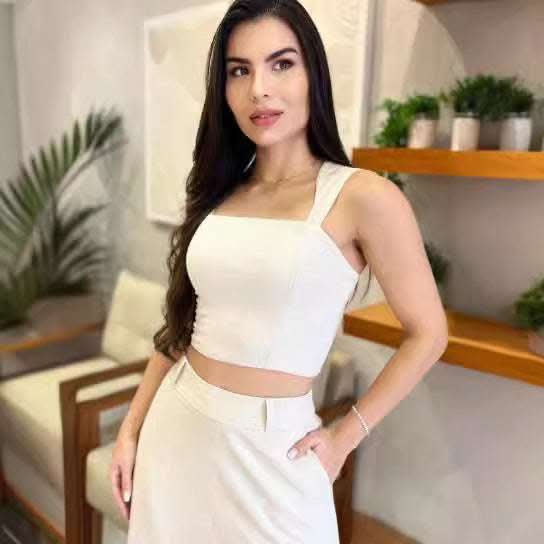 Women's Solid Color Crop-top Spaghetti-strap Top High Waist Long Skirt Sets Fendax 0