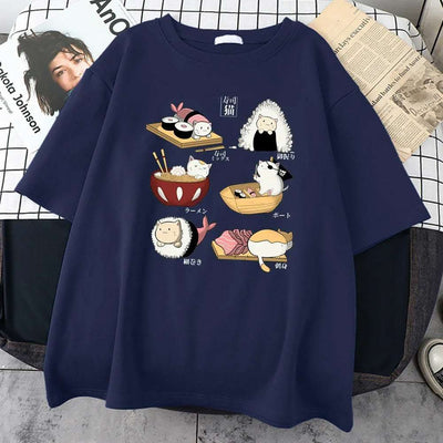 H Cute Cat Sushi Cartoon Style Mens Cotton Short Sleeve Fendax 0
