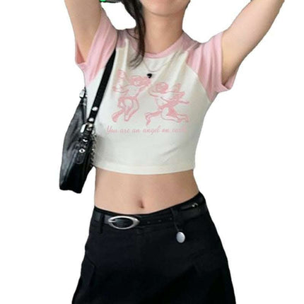 Fashion Angel Print Crewneck T-shirt Women's Bump Color Insert Shoulder Short Sleeve Crop Slim Short Casual Top Fendax 0