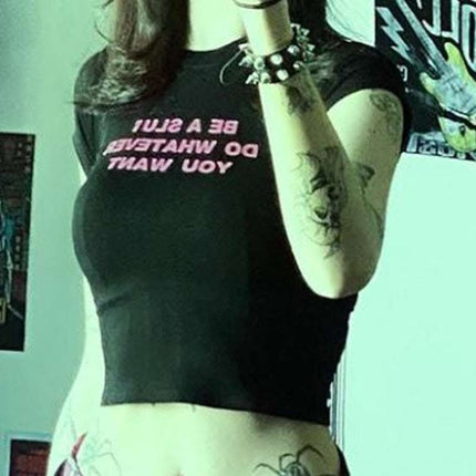 Women's Round Neck Pullover Short Sleeve-letter Printed Crop Top Fendax 0