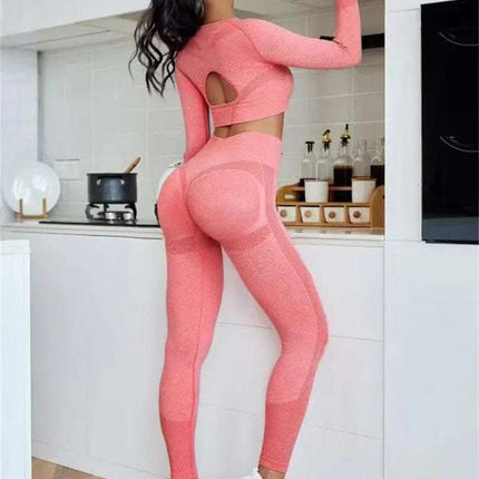 2pcs Sports Suits Long Sleeve Hollow Design Tops And Butt Lifting High Waist Seamless Fitness Leggings Sports Gym Sportswear Outfits Clothing Fendax 4