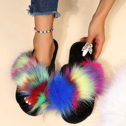 Flat Long Wool Warm Color Matching Plush Slippers Fendax 0