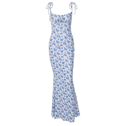 Fashion Flowers Print Suspender Long Dress Summer Lace-up Slim Backless Dresses For Women Fendax 0