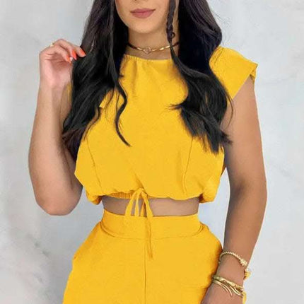 European And American Solid Color Tie Crop Top And Shorts Pocket Set Fendax 0