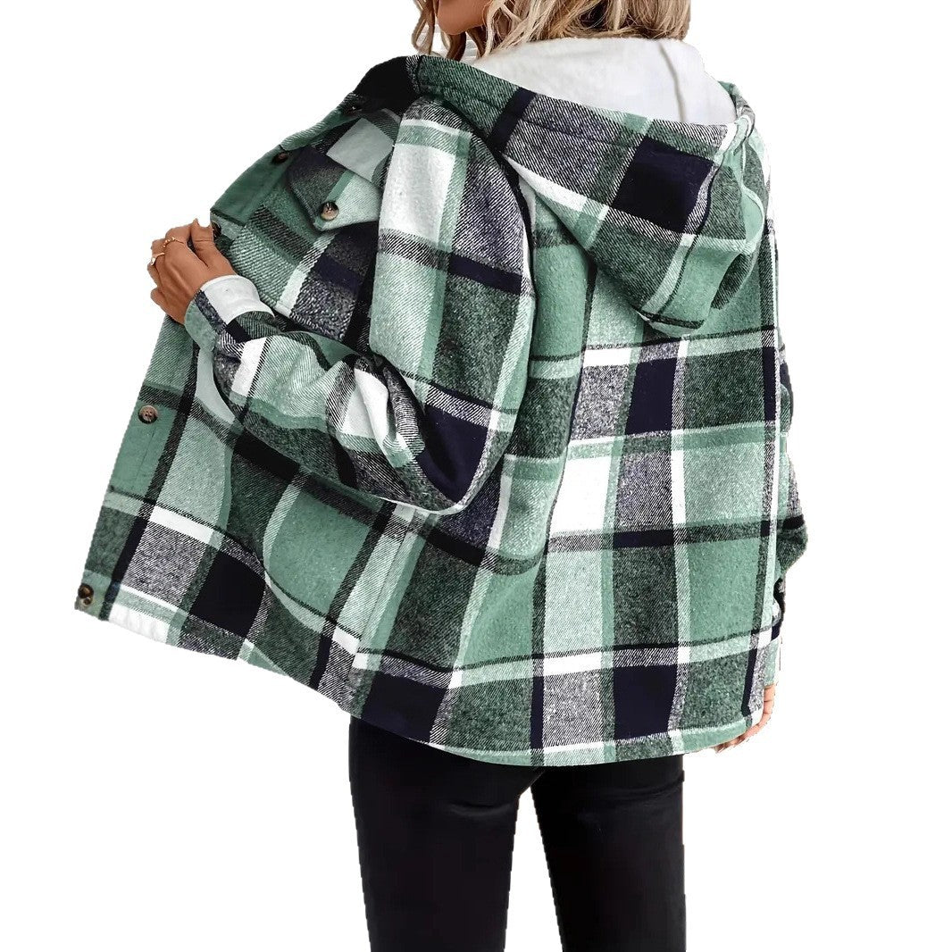 Long Sleeve Casual Plaid Hooded Jacket