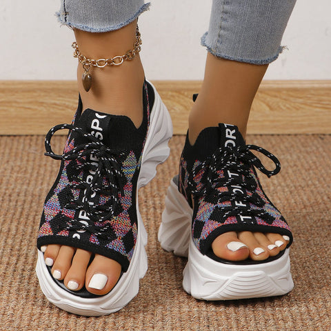 Trendsi 0 Black / 35 Fashion Hollowed-out Mid Heel Mesh Women's Sports Style Soft Back Thick Back Sandals