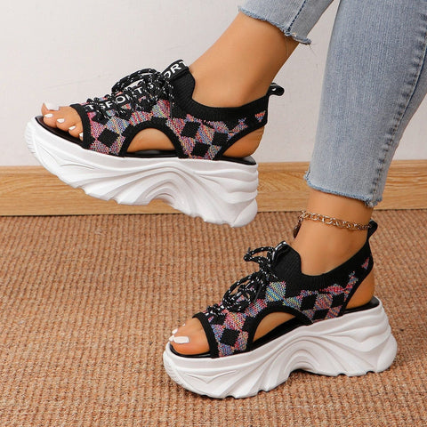 Trendsi 0 Fashion Hollowed-out Mid Heel Mesh Women's Sports Style Soft Back Thick Back Sandals