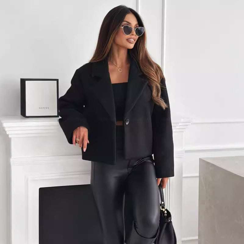 Fall Winter Fashion Suit Collar Solid Color Wool Small Coat Women's Clothing