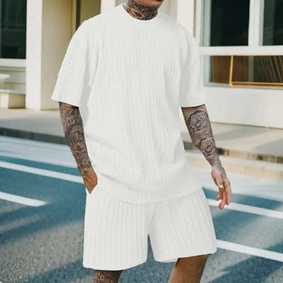 Men's Sports Solid Color Round Neck Pullover Vertical Pattern T-shirt Two-piece Set Fendax 0