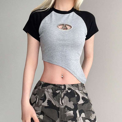 Women's Spice Slim-fit Short Color Bump Shoulder T-shirt Design Sense Asymmetrical Crop Hollow Letter Top Fendax 4