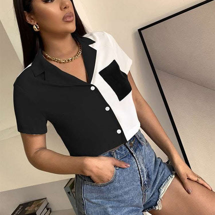 Contrast Paneled Crop Top Pocket Single Breasted Short Sleeve Shirt Fendax 0