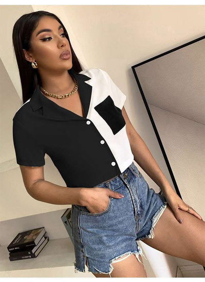 Contrast Paneled Crop Top Pocket Single Breasted Short Sleeve Shirt Fendax 0
