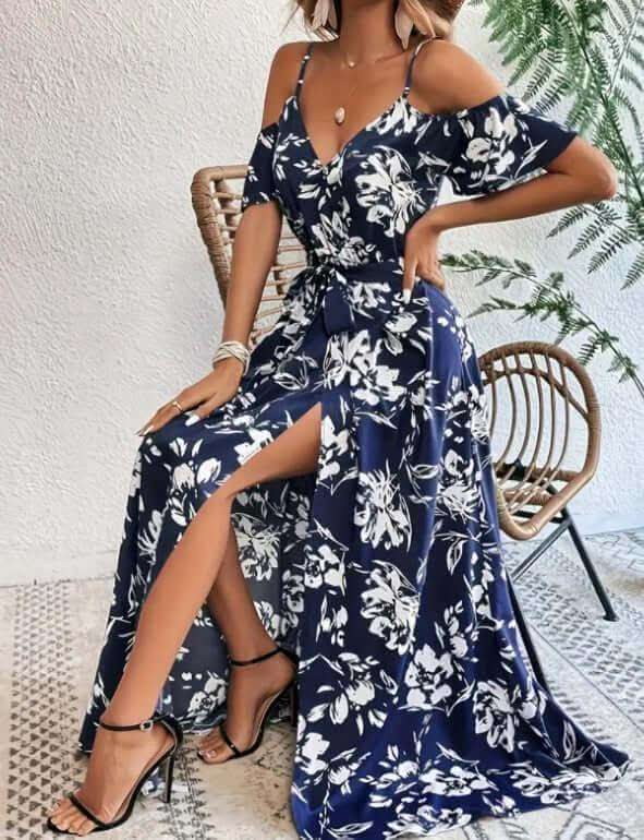 Flower Print Split Suspender Dress With Lace-up Design Summer Fashion Long Dresses Beach Clothing For Women Fendax 4