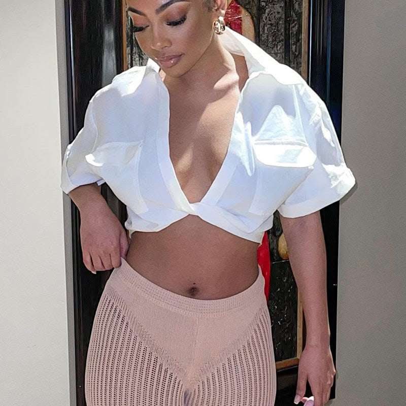 Women's Crop Navel Twist Solid Polo Collar Shirt T-Shirt Top Fendax 0