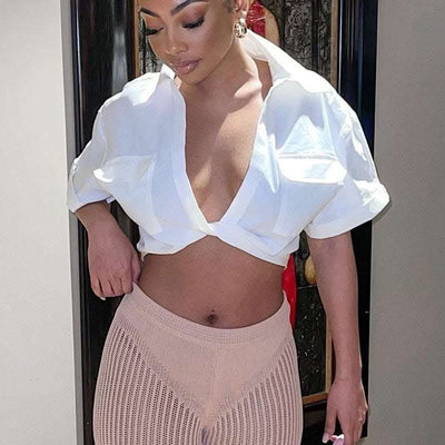 Women's Crop Navel Twist Solid Polo Collar Shirt T-Shirt Top Fendax 0