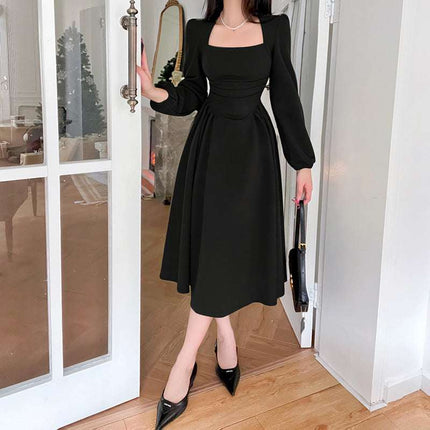 Women's Spring Clothing Woven Square Collar Pleated Skirt Dress