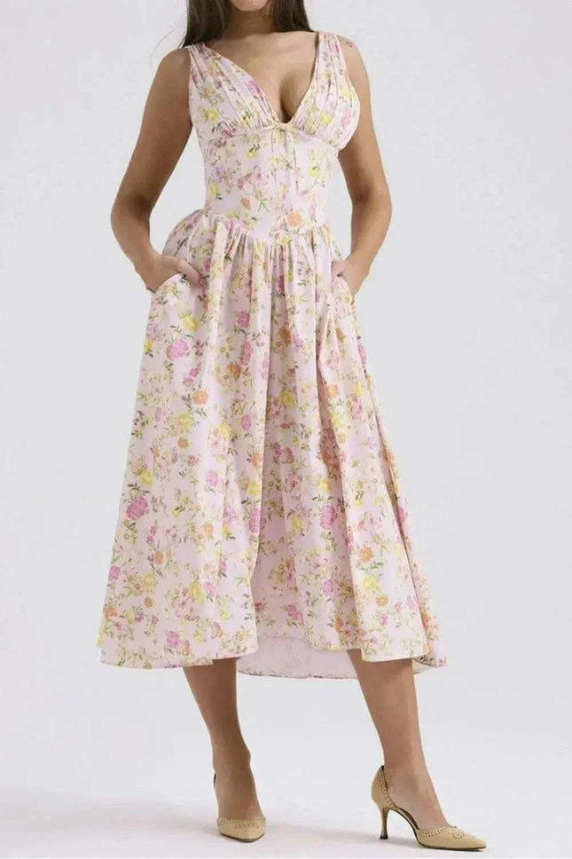 Floral V-Neck Sleeveless Midi Dress with Pockets Fendax Women