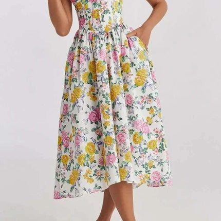 Floral V-Neck Sleeveless Midi Dress with Pockets Fendax Women