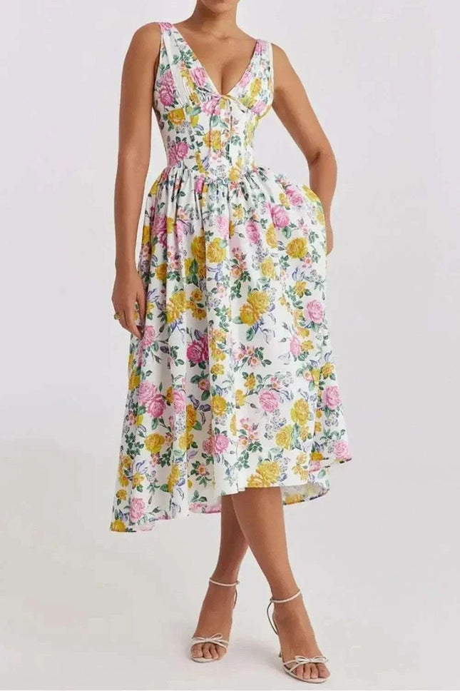 Floral V-Neck Sleeveless Midi Dress with Pockets Fendax Women