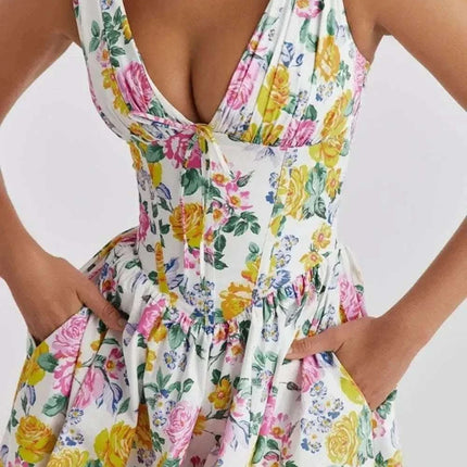Floral V-Neck Sleeveless Midi Dress with Pockets