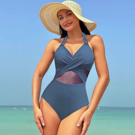 Halter-neck One-piece Swimsuit Summer Solid Color Cross-strap Design Mesh Bikini Beach Vacation Womens Clothing Fendax 4