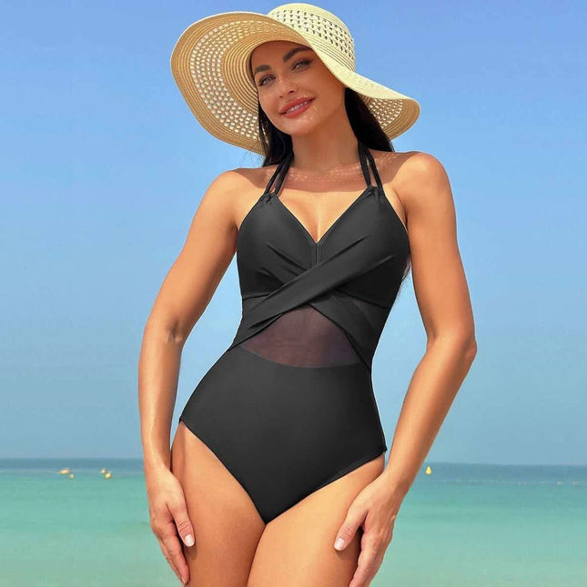 Halter-neck One-piece Swimsuit Summer Solid Color Cross-strap Design Mesh Bikini Beach Vacation Womens Clothing Fendax 4