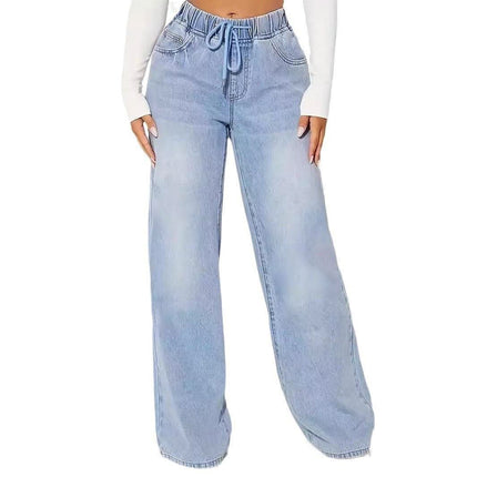 High Waist Drawstring Loose Wide Leg Light Blue Jeans Fendax 0