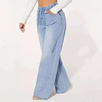 High Waist Drawstring Loose Wide Leg Light Blue Jeans Fendax 0