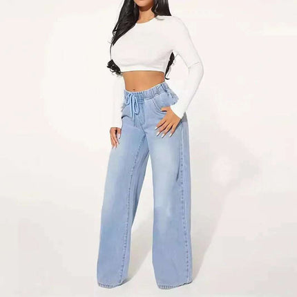 High Waist Drawstring Loose Wide Leg Light Blue Jeans Fendax 0