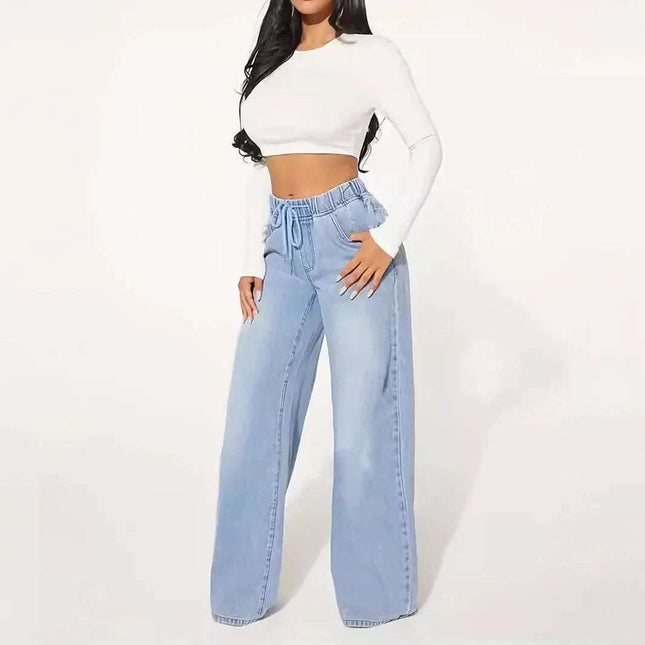 High Waist Drawstring Loose Wide Leg Light Blue Jeans Fendax 0
