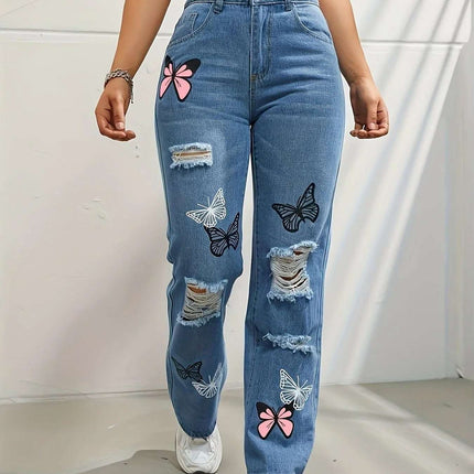High Waisted Straight Leg Jeans For Women Trendy Butterfly Print Ripped Distressed Denim Pants Fendax 0