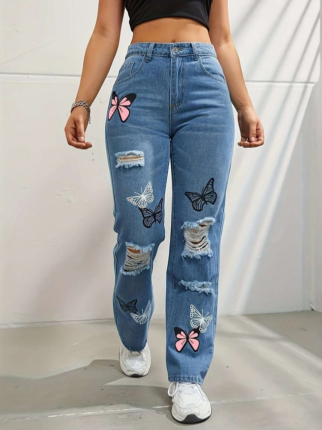 High Waisted Straight Leg Jeans For Women Trendy Butterfly Print Ripped Distressed Denim Pants Fendax 0