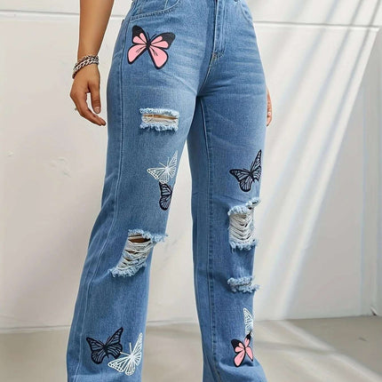 High Waisted Straight Leg Jeans For Women Trendy Butterfly Print Ripped Distressed Denim Pants Fendax 0