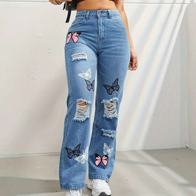 High Waisted Straight Leg Jeans For Women Trendy Butterfly Print Ripped Distressed Denim Pants Fendax 0