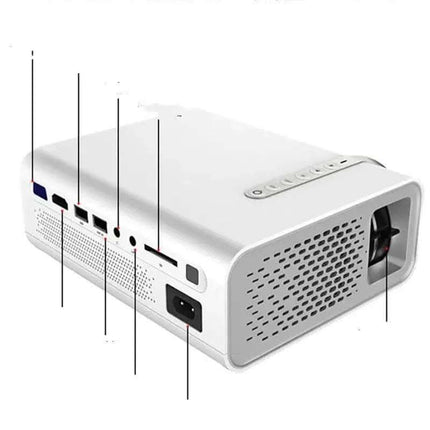 White projector with various ports and controls.