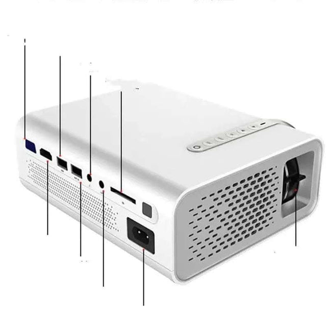 White projector with various ports and controls.