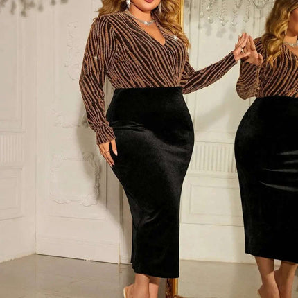 Honey Plus Size Surplice Neck Long Sleeve Slit Dress Fendax Women