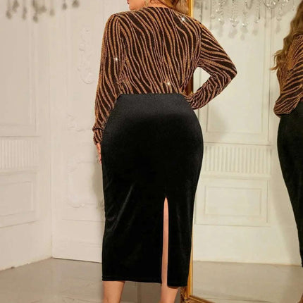 Honey Plus Size Surplice Neck Long Sleeve Slit Dress Fendax Women