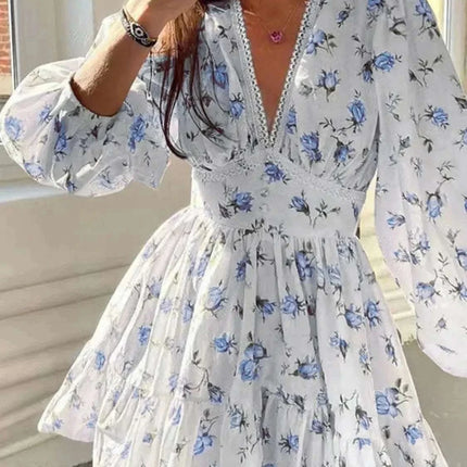 Lace Detail V-Neck Balloon Sleeve Dress Fendax Women