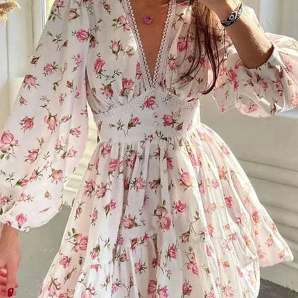 Lace Detail V-Neck Balloon Sleeve Dress Fendax Women